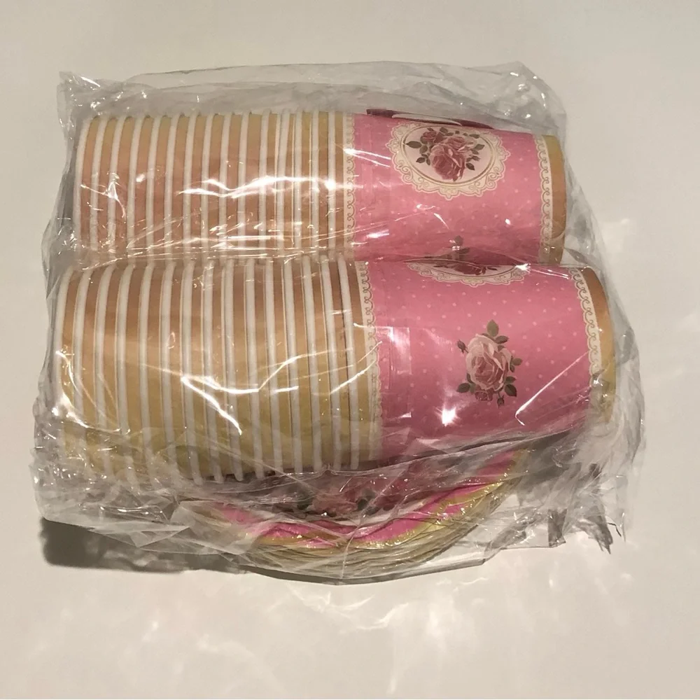 Elegant 60 PCS Pink Floral Party paper Plates and cups with handle.